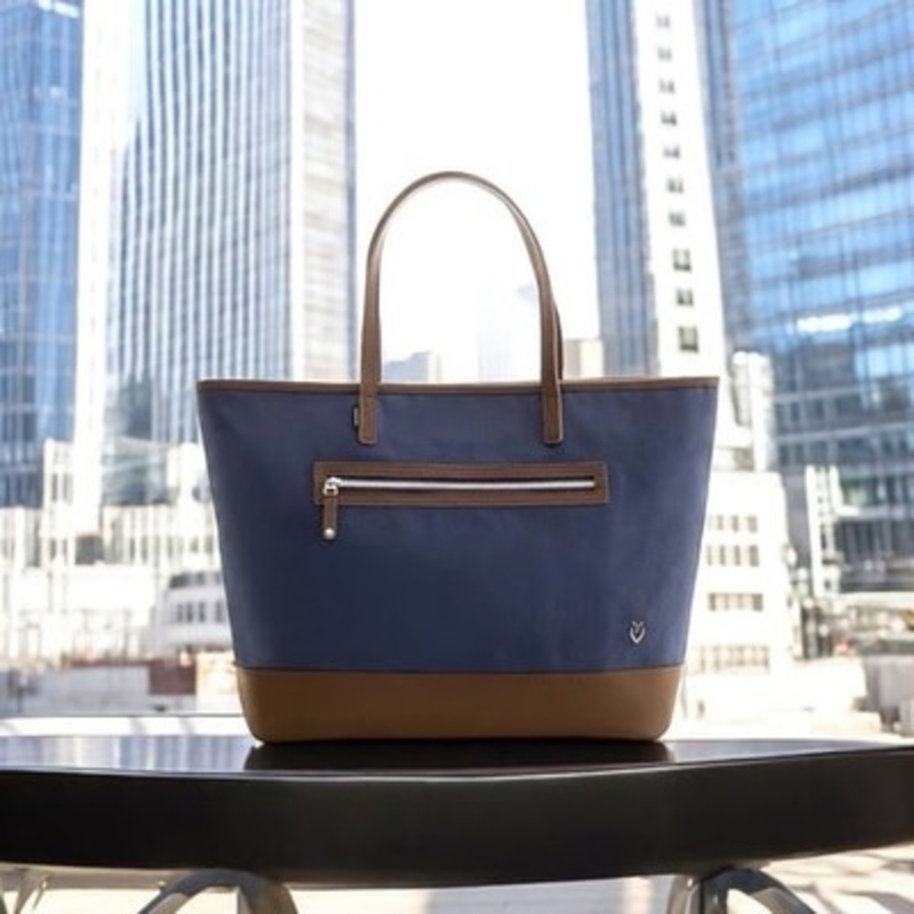 VESSEL Brown Blue Denim Canvas Leather Tote Bag Weekend Shoulder Zip Very Good